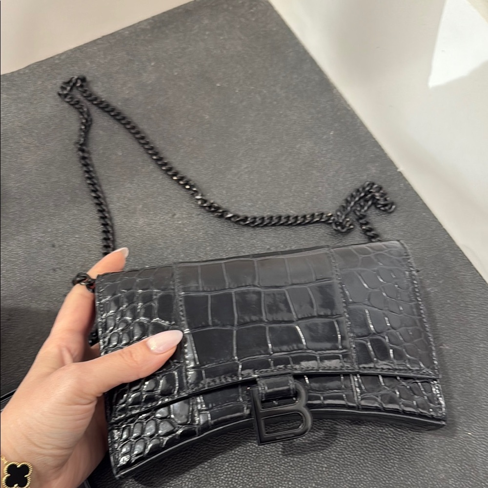 Black Croc-Embossed Chain Bag